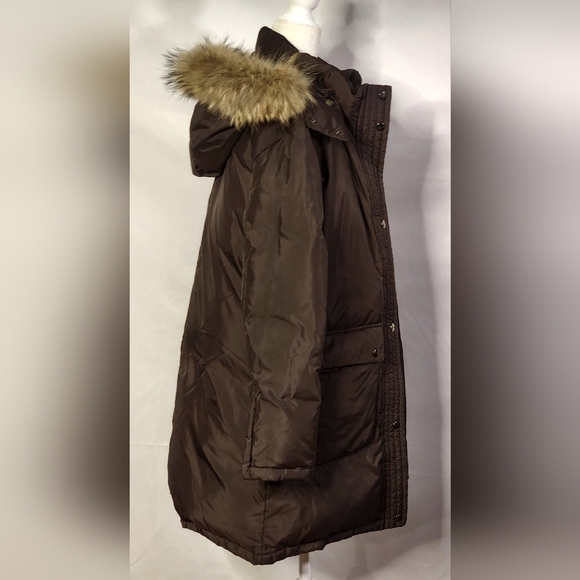DKNY Down Puffer Trench Parka Trench Fur Trim Brown Womens Size XSmall Winter - Picture 11 of 16
